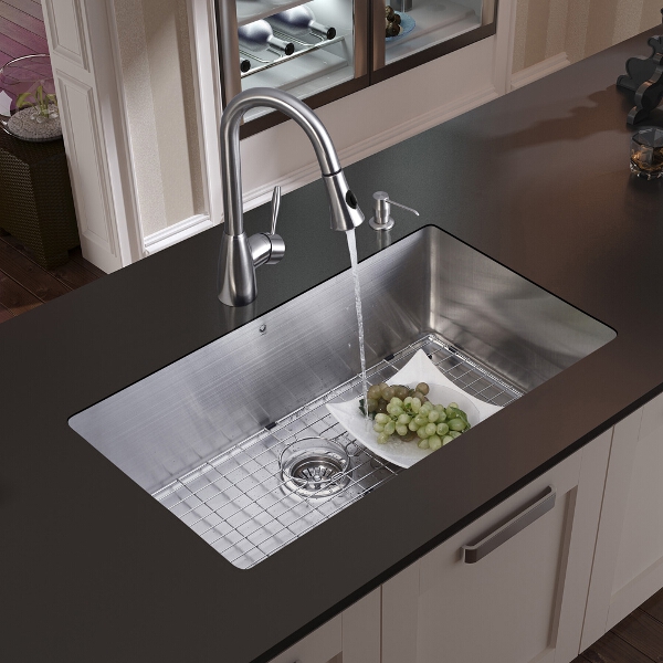 Undermount Stainless Steel Kitchen Sink, Faucet, Grid, Strainer and Dispenser