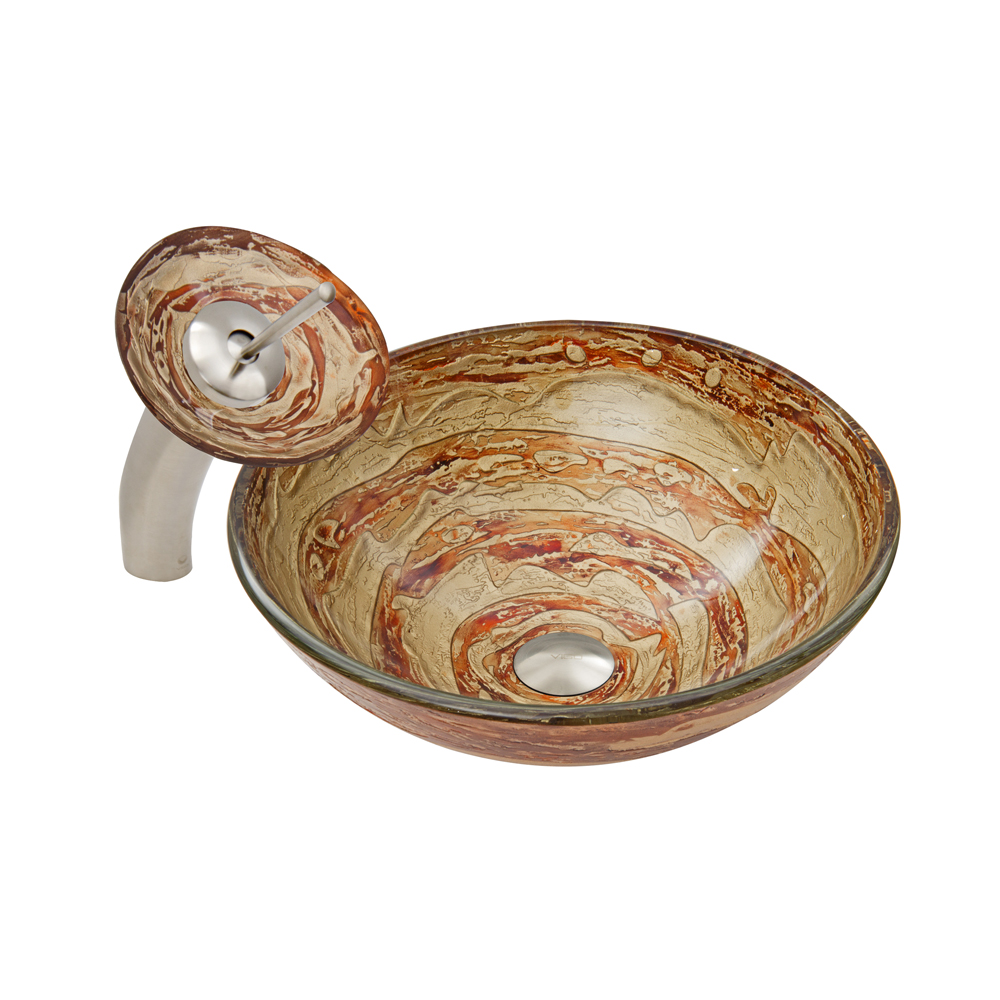 Mocha Swirl Glass Vessel Sink and Waterfall Faucet Set in Brushed Nickel Finish