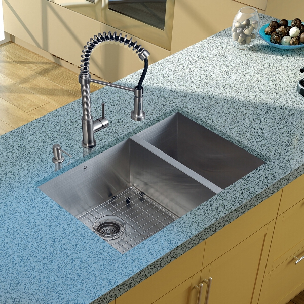 Undermount Stainless Steel Kitchen Sink, Faucet, Grid, Two Strainers and Dispenser