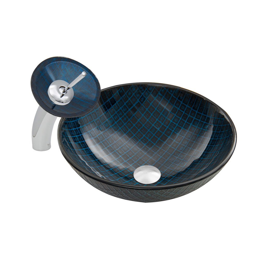 Blue Matrix Glass Vessel Sink and Waterfall Faucet Set in Chrome Finish