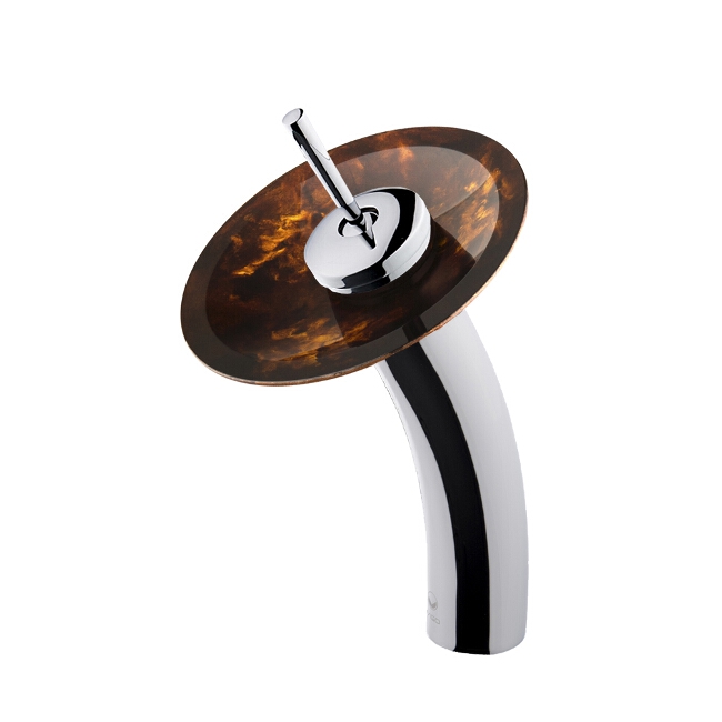 Waterfall Faucet with Brown and Gold Fusion Glass Disc in Chrome