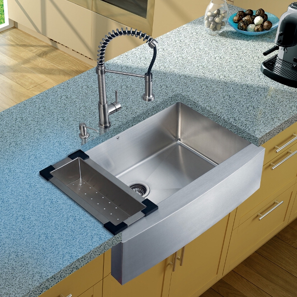 Farmhouse Stainless Steel Kitchen Sink, Faucet, Colander, Strainer and Dispenser