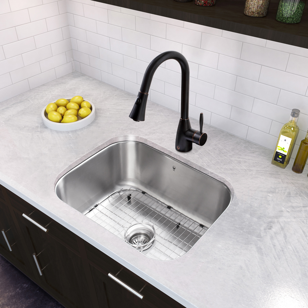 23-inch Undermount Stainless Steel 18 Gauge Single Bowl Kitchen Sink and Aylesbury Antique Rubbed Bronze Pull-Down Spray Kitchen Faucet