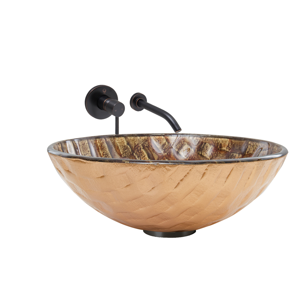 Playa Glass Vessel Sink and Olus Wall Mount Faucet Set in Antique Rubbed Bronze