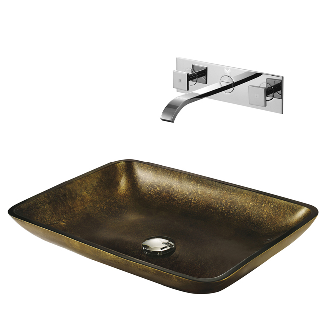 Rectangular Copper Glass Vessel Sink and Wall Mount Faucet Set