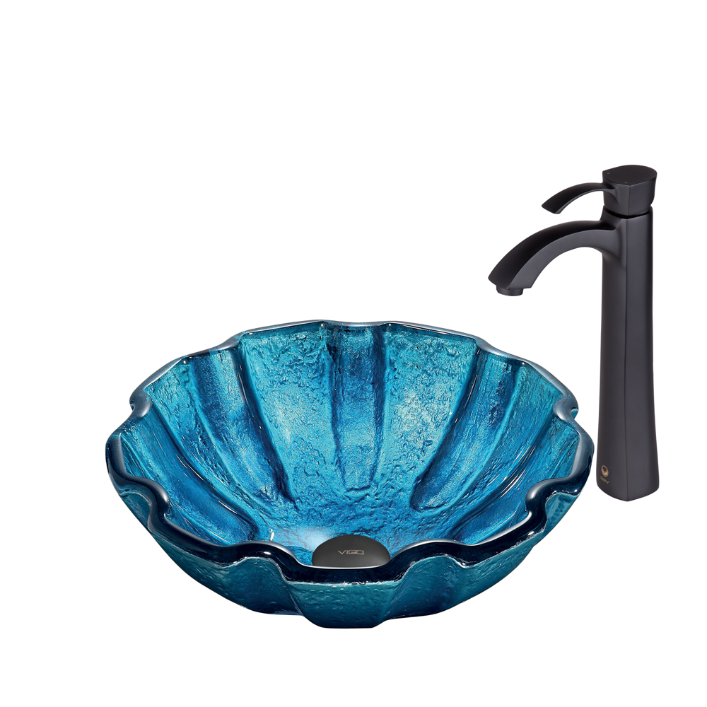 Mediterranean Seashell Glass Vessel Sink and Otis Faucet Set in Matte Black