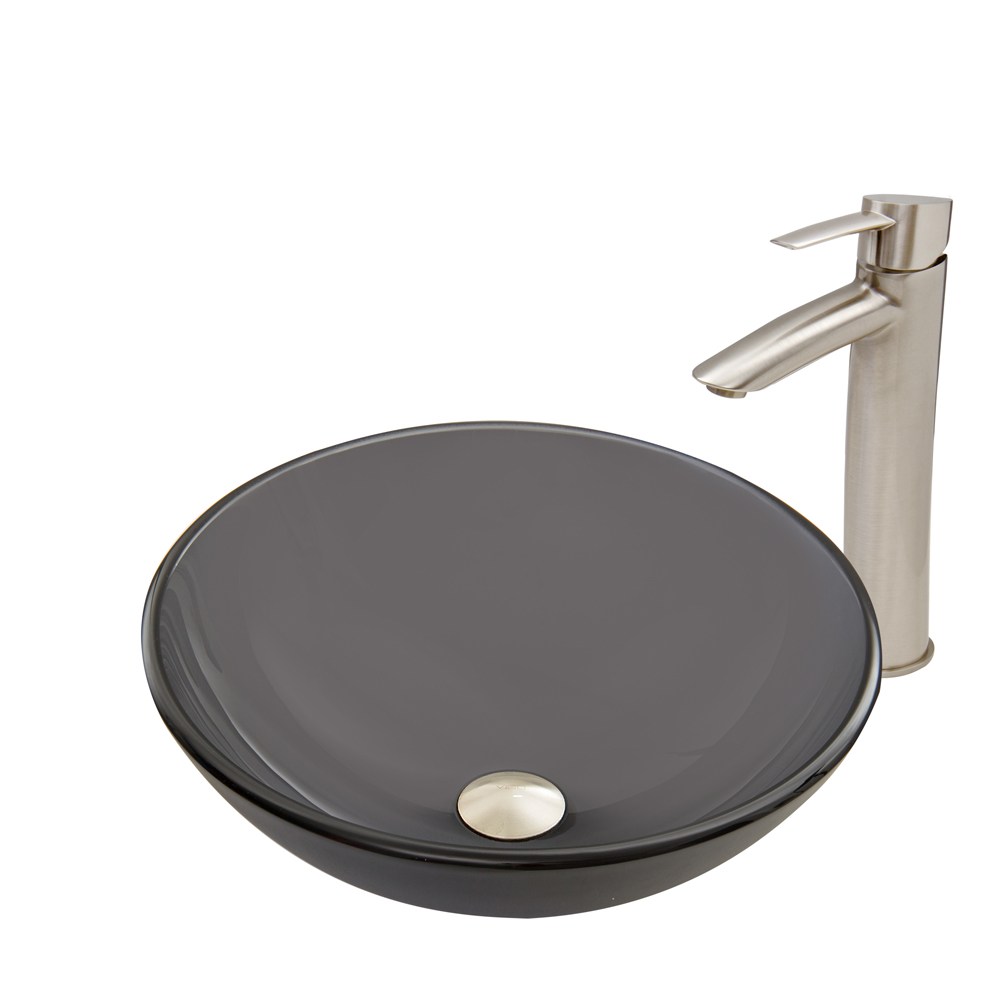 Sheer Black Frosted Glass Vessel Sink and Shadow Faucet Set in Brushed Nickel