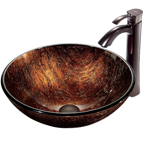 Kenyan Twilight Glass Vessel Sink and Faucet Set in Oil Rubbed Bronze