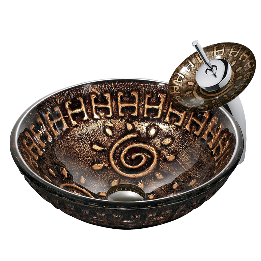 Aztec Glass Vessel Sink and Waterfall Faucet Set in Chrome