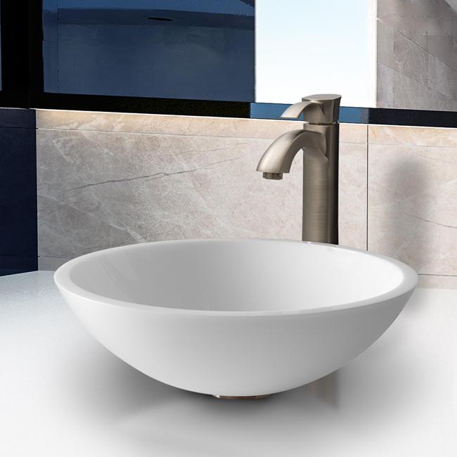 Flat Edged White Phoenix Stone Glass Vessel Sink with Brushed Nickel Faucet