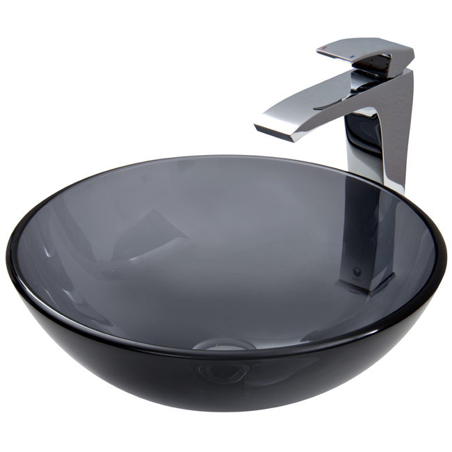 Sheer Black Glass Vessel Sink and Faucet Set in Chrome