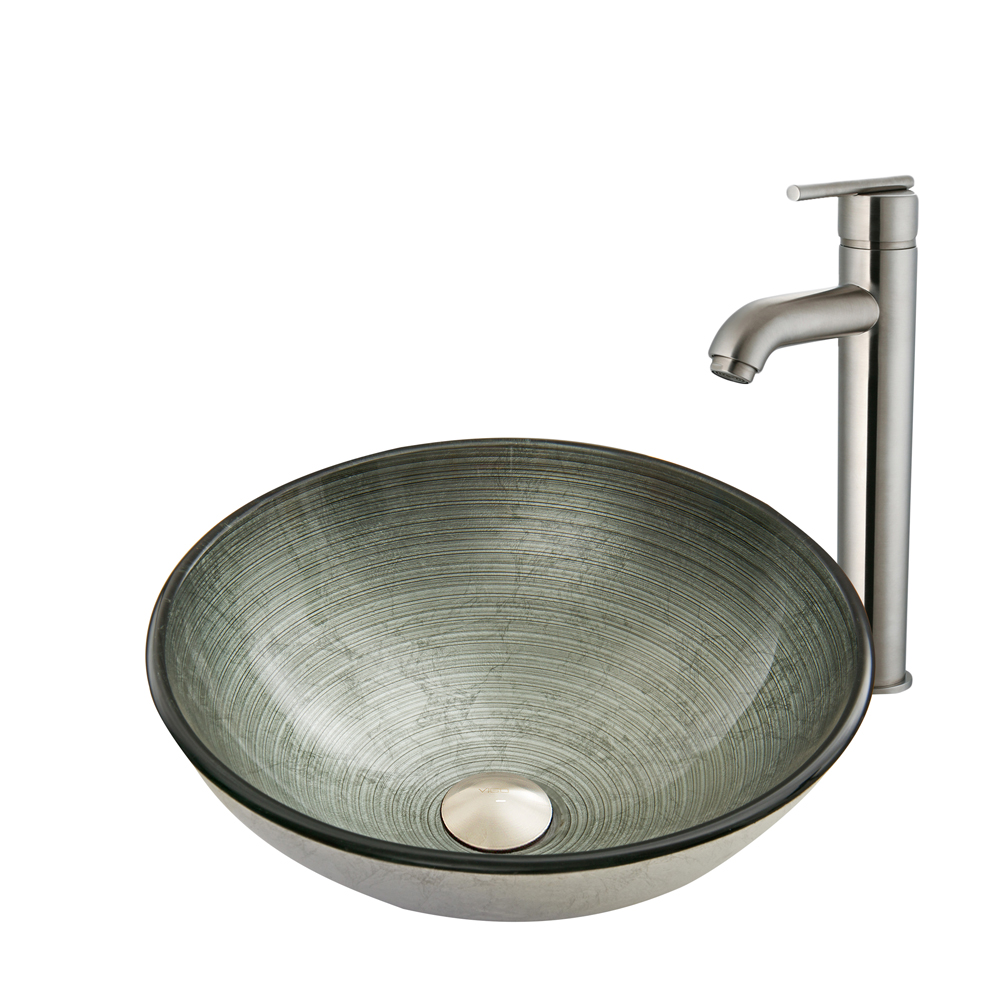 Simply Silver Glass Vessel Sink and Seville Faucet Set in Brushed Nickel