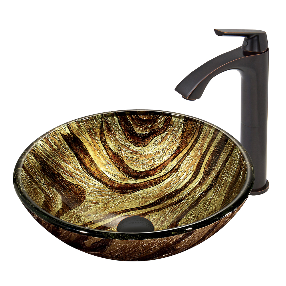 Zebra Glass Vessel Sink and Linus Faucet Set in Antique Rubbed Bronze