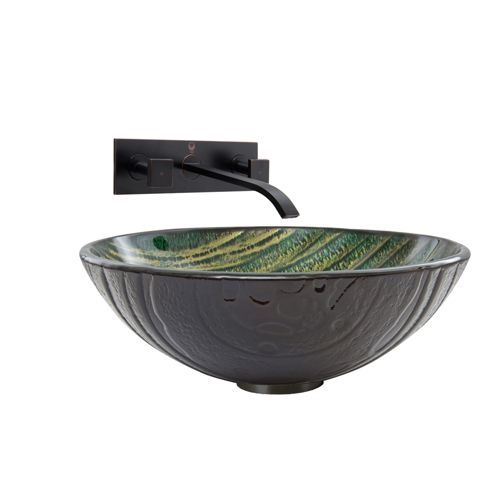 Green Asteroid Glass Vessel Sink and Titus Wall Mount Faucet Set in Antique Rubbed Bronze