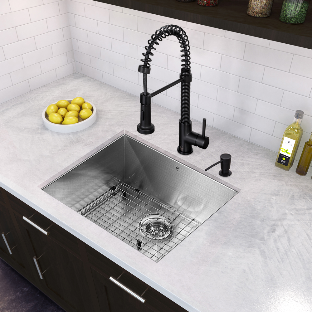 23-inch Undermount Stainless Steel 16 Gauge Single Bowl Kitchen Sink and Edison Matte Black Pull-Down Spray Kitchen Faucet