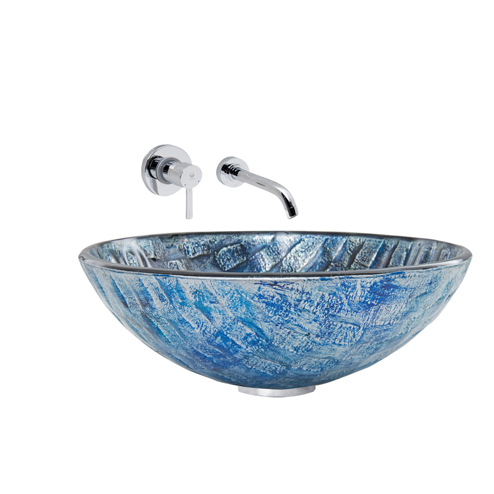 Rio Glass Vessel Sink and Olus Wall Mount Faucet Set in Chrome