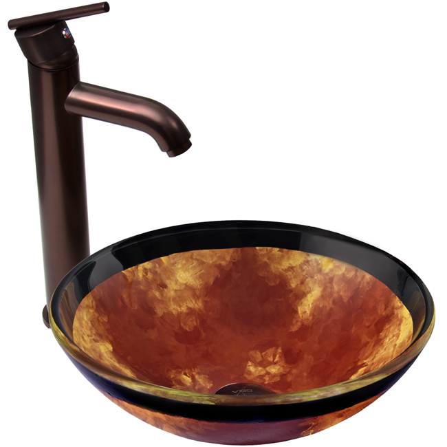 Auburn/Mocha Fusion Glass Vessel Sink and Seville Faucet Set in Oil Rubbed Bronze