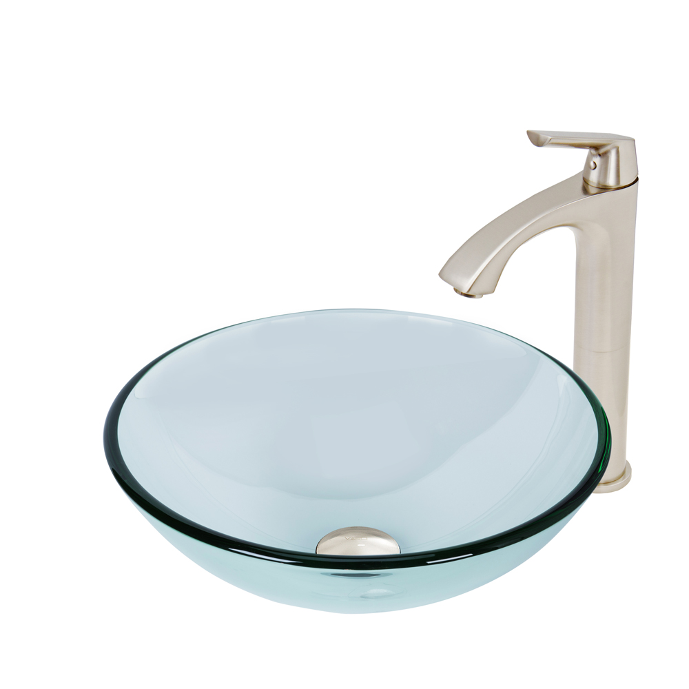 Crystalline Glass Vessel Sink and Linus Vessel Faucet Set in Brushed Nickel
