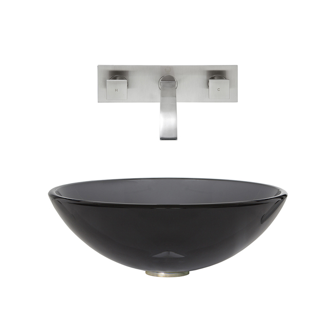 Sheer Black Glass Vessel Sink and Wall Mount Faucet Set in Brushed Nickel