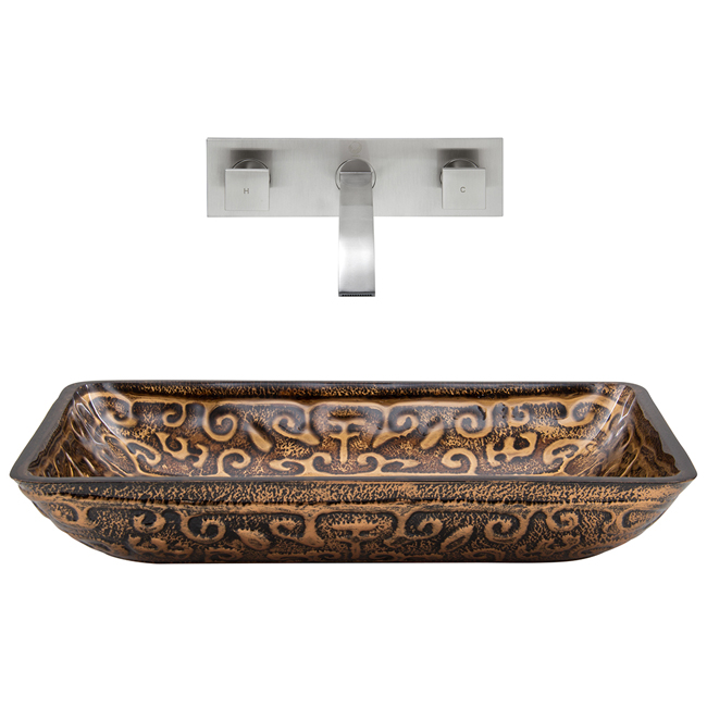 Rectangular Golden Greek Glass Vessel Sink and Wall Mount Faucet in Brushed Nickel