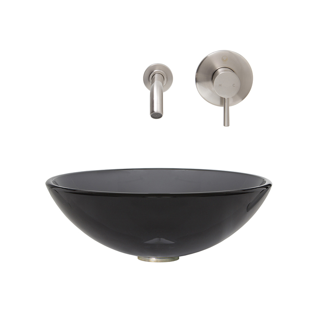 Sheer Black Glass Vessel Sink and Wall Mount Faucet Set in Brushed Nickel