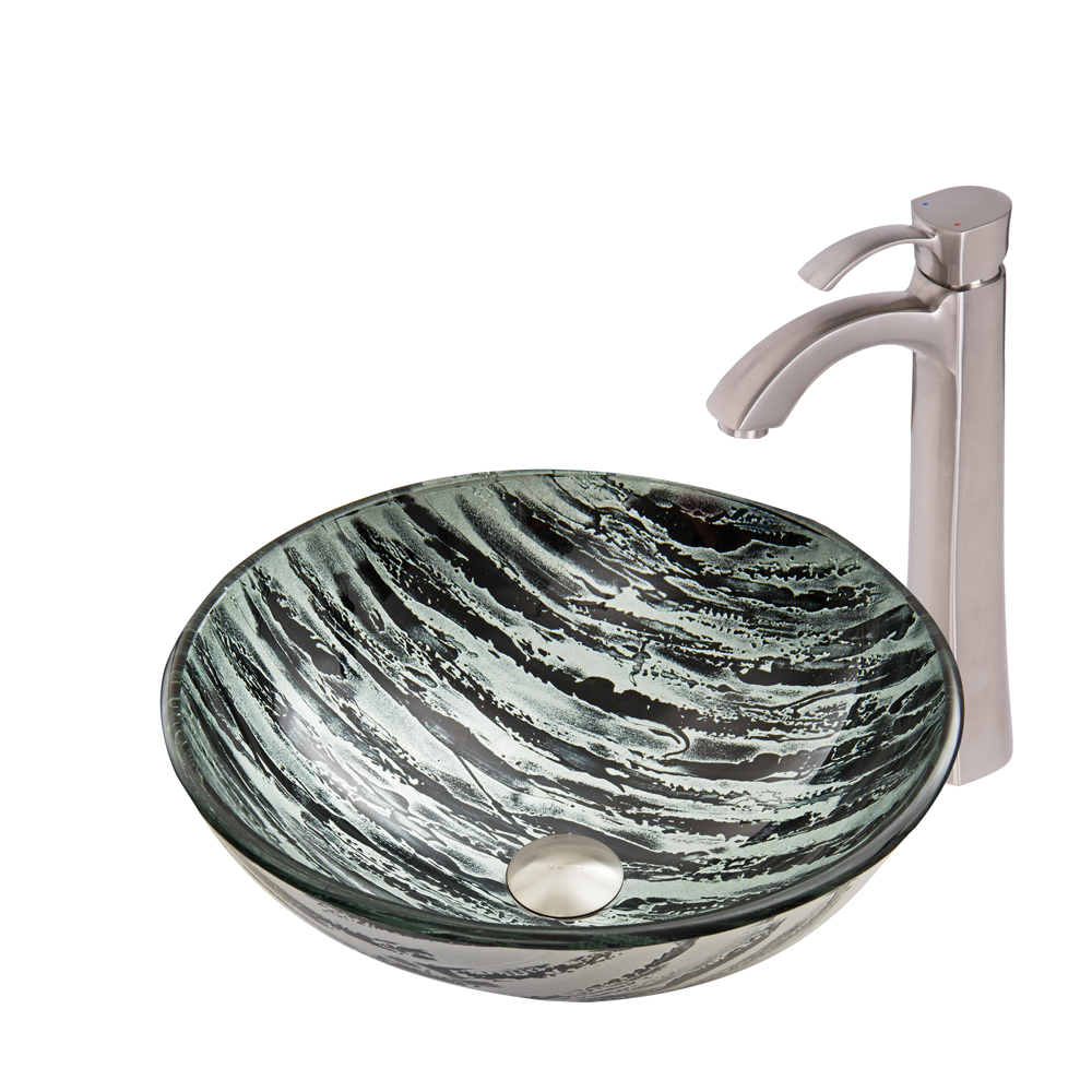Rising Moon Glass Vessel Sink and Otis Faucet Set in Brushed Nickel