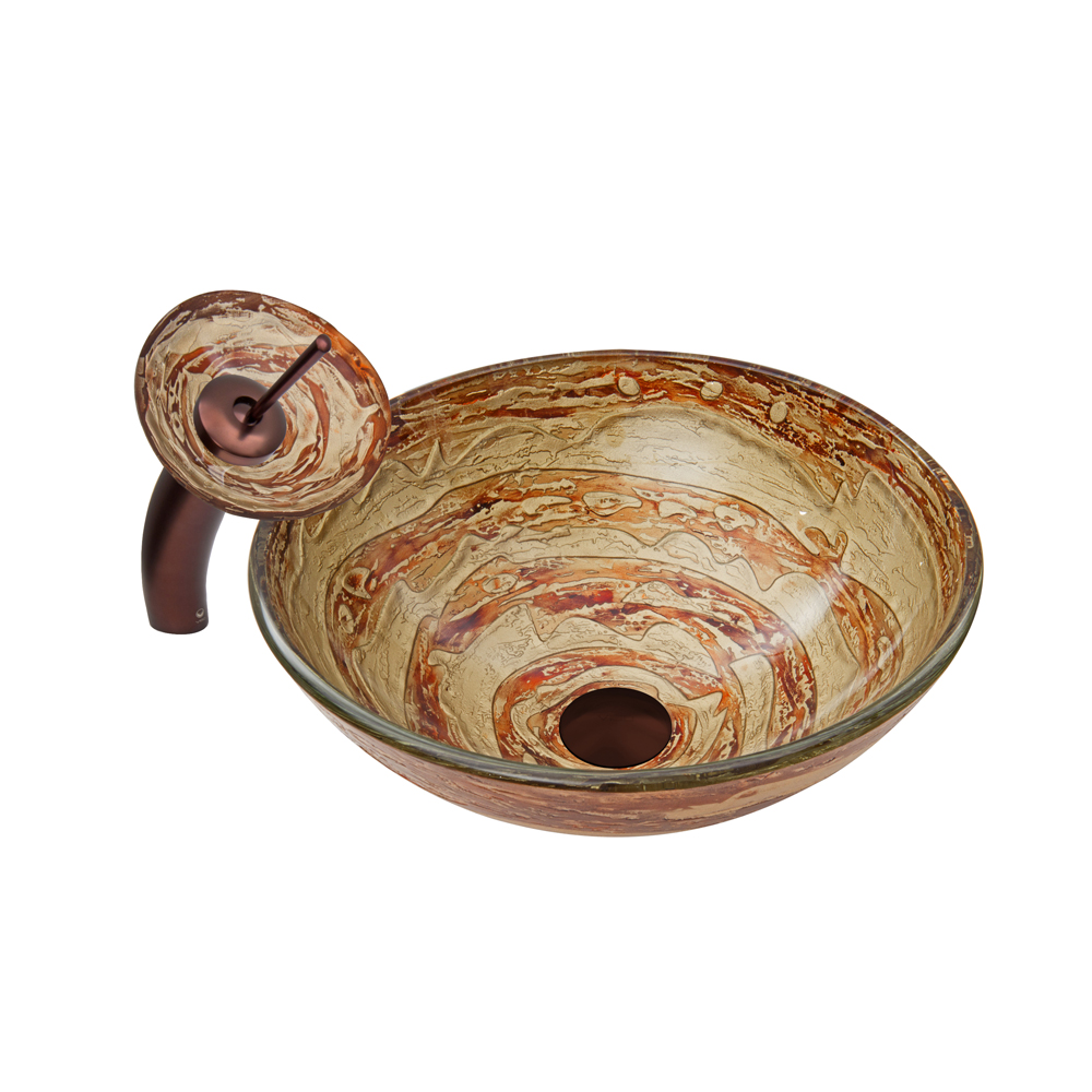 Mocha Swirl Glass Vessel Sink and Waterfall Faucet Set in Oil Rubbed Bronze Finish