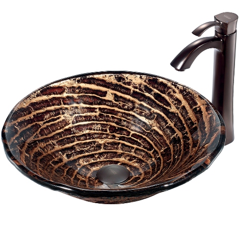 Chocolate Caramel Swirl Glass Vessel Sink and Faucet Set in Oil Rubbed Bronze