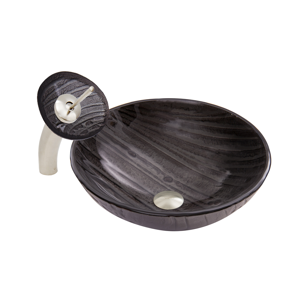 Interspace Glass Vessel Sink and Waterfall Faucet Set in Brushed Nickel Finish