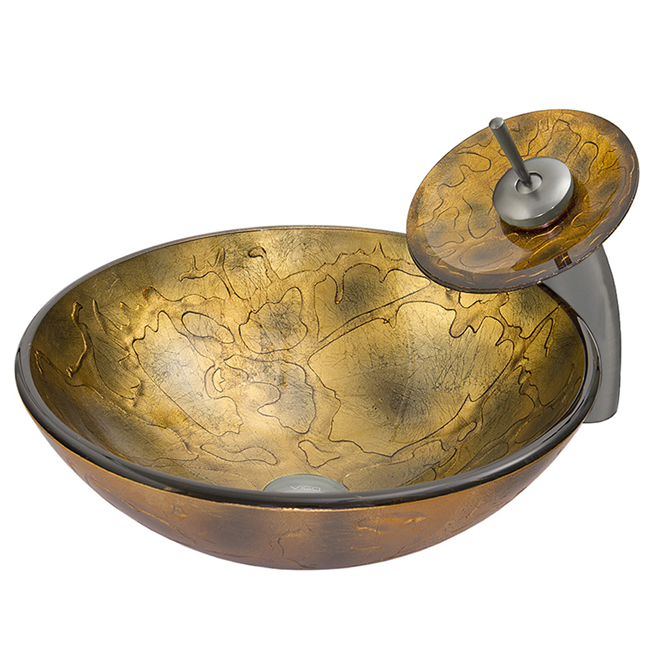 Copper Shapes Glass Vessel Sink and Waterfall Faucet Set in Brushed Nickel