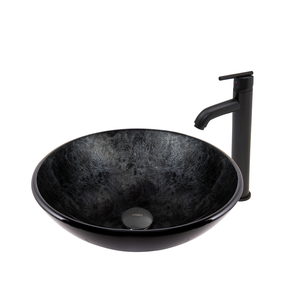 Gray Onyx Glass Vessel Sink and Seville Faucet Set in Matte Black