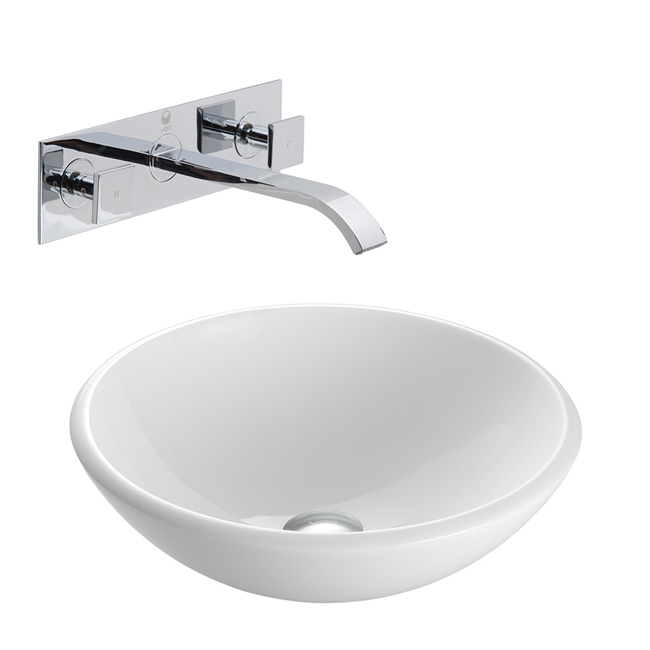 White Phoenix Stone Glass Vessel Sink with Chrome Wall Mount Faucet
