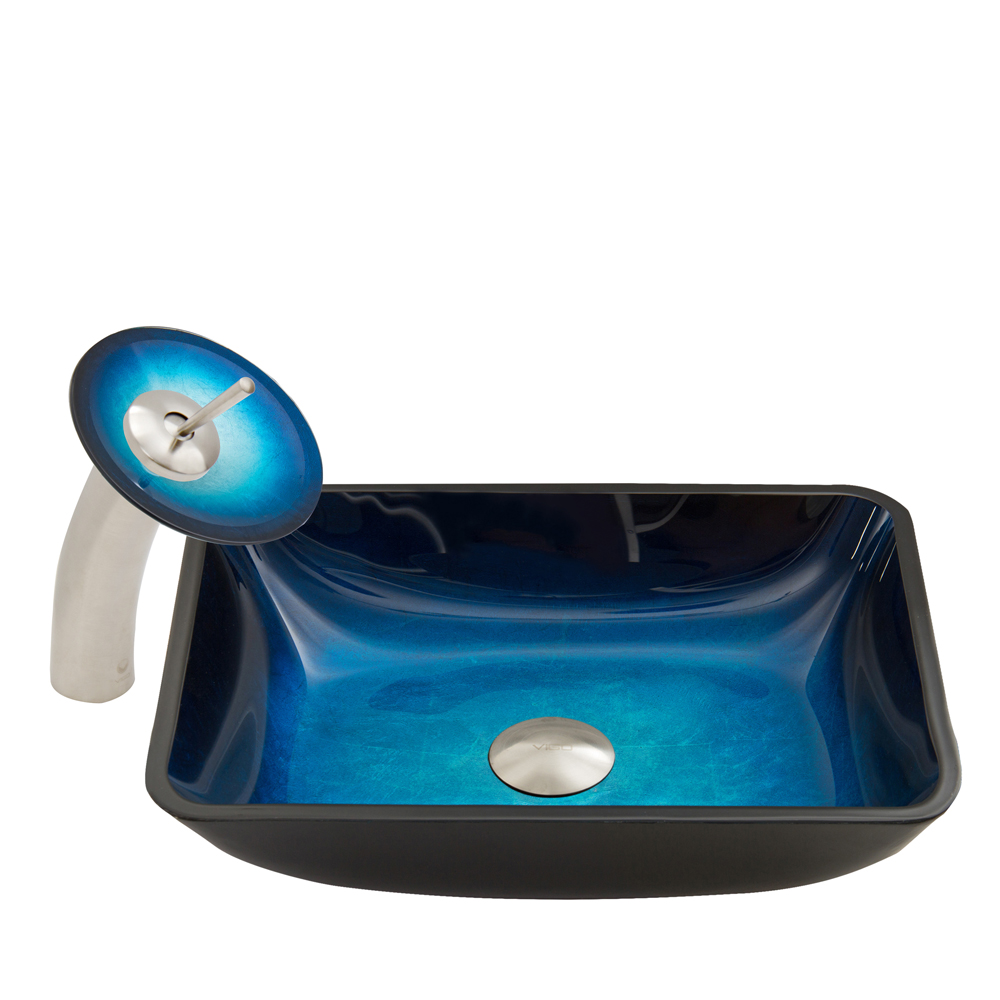 Rectangular Turquoise Water Glass Vessel Sink and Waterfall Faucet Set in Brushed Nickel Finish
