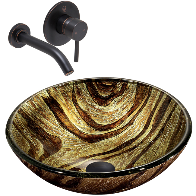 Zebra Glass Vessel Sink and Olus Wall Mount Faucet Set in Antique Rubbed Bronze