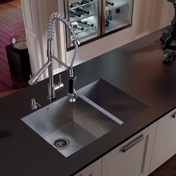 Undermount Stainless Steel Kitchen Sink, Faucet, Two Strainers and Dispenser