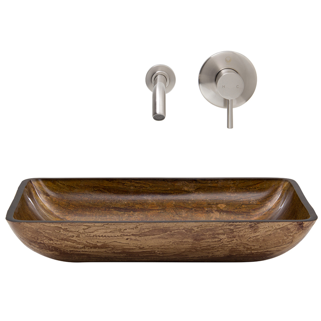 Rectangular Amber Sunset Glass Vessel Sink and Wall Mount Faucet Set in Brushed Nickel