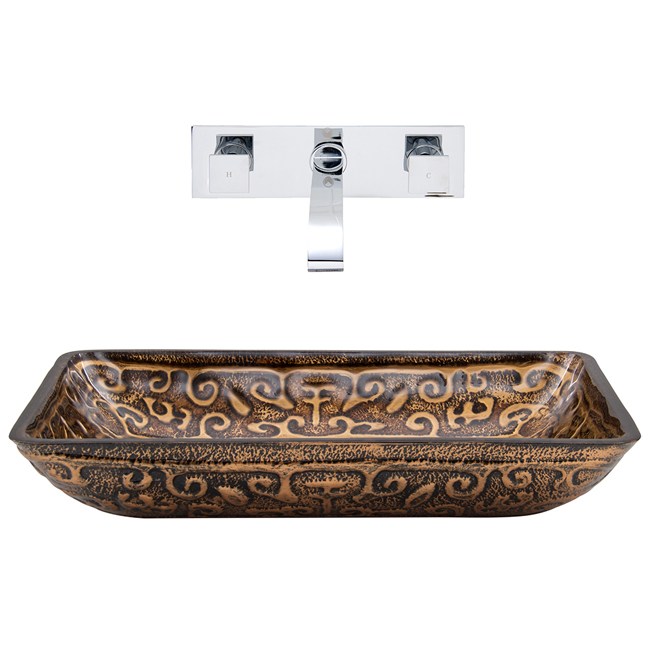 Rectangular Golden Greek Glass Vessel Sink and Wall Mount Faucet in Chrome