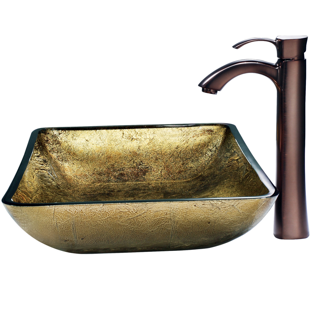 Rectangular Copper Glass Vessel Sink and Faucet Set in Oil Rubbed Bronze