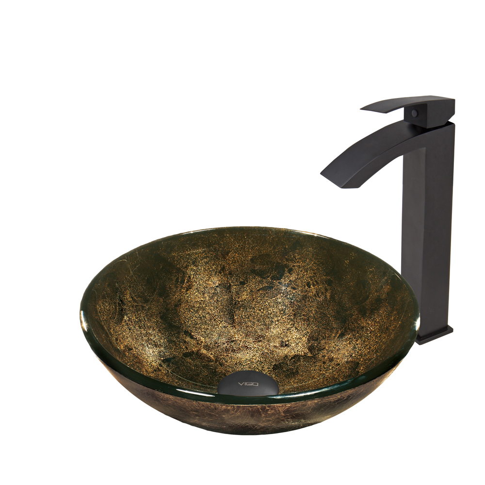 Sintra Glass Vessel Sink  and Seville Faucet Set in Matte Black