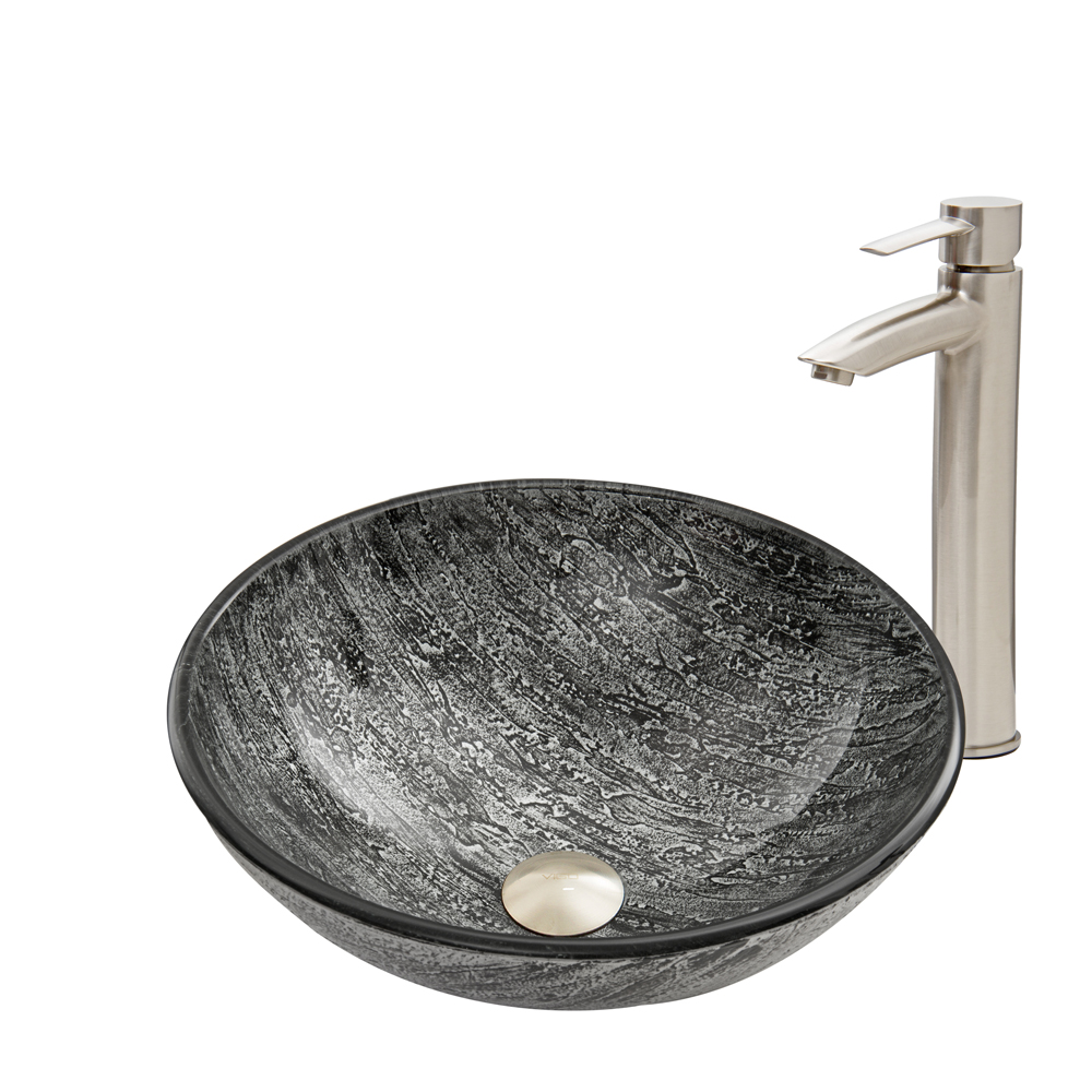 Titanium Glass Vessel Sink and Shadow Faucet Set in Brushed Nickel