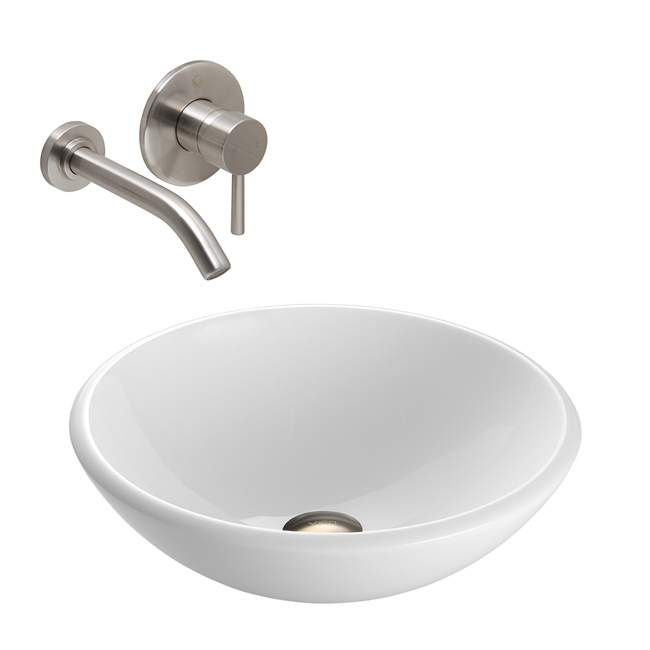 White Phoenix Stone Glass Vessel Sink with Brushed Nickel Wall Mount Faucet