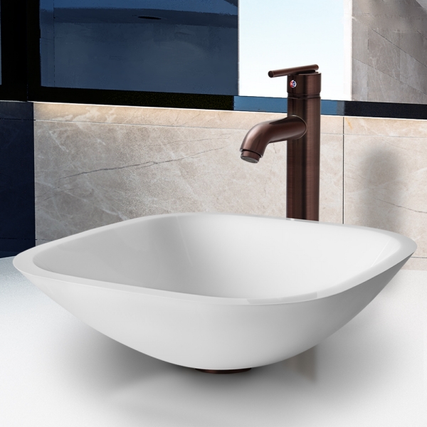 Square Shaped White Phoenix Stone Glass Vessel Sink with Oil Rubbed Bronze Faucet