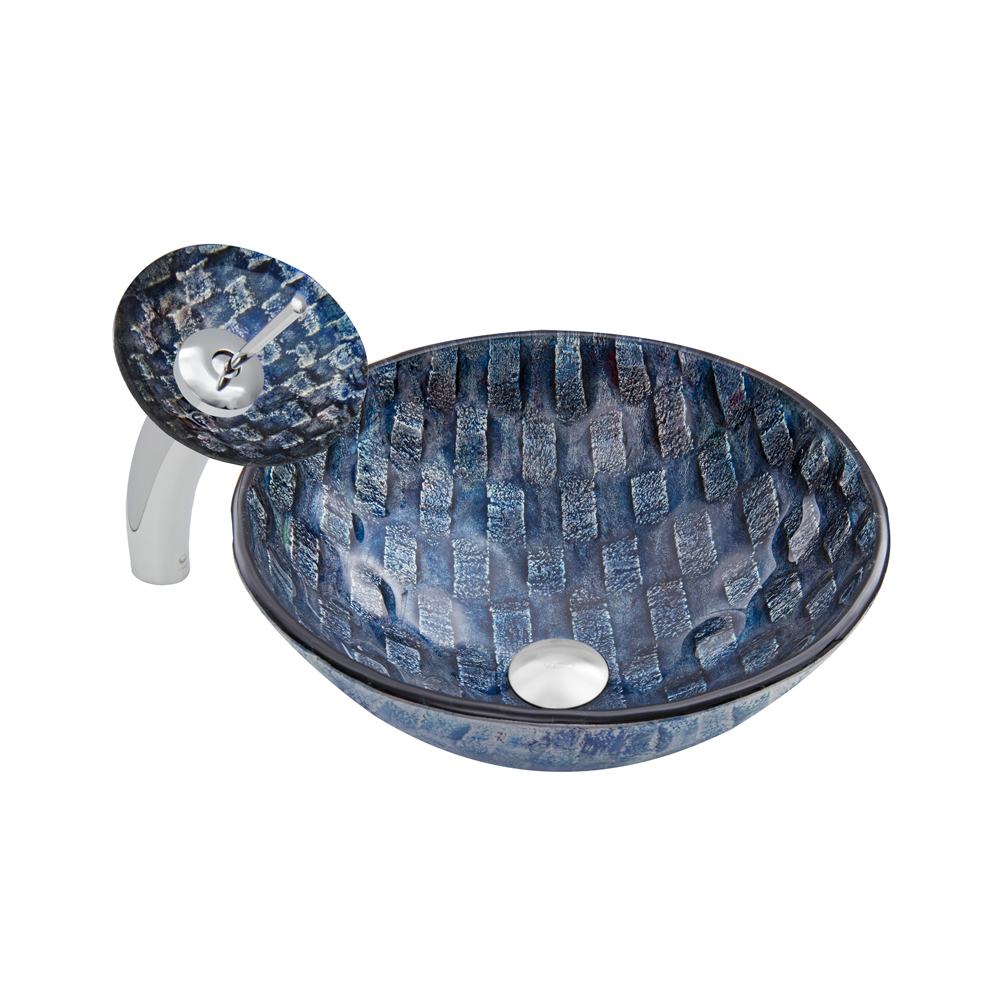 Rio Glass Vessel Sink and Waterfall Faucet Set in Chrome Finish