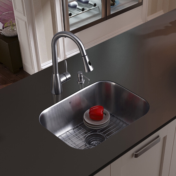 Undermount Stainless Steel Kitchen Sink, Faucet, Grid, Strainer and Dispenser