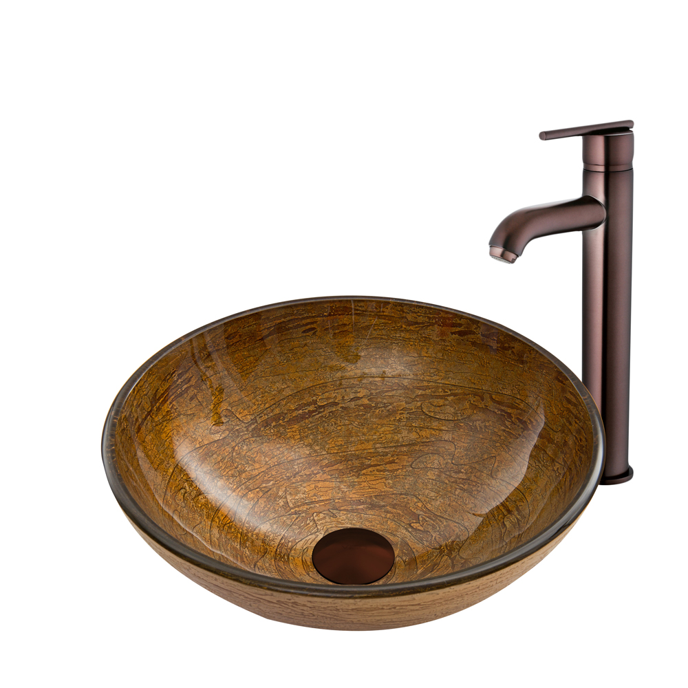 Cappuccino Swirl Glass Vessel Sink and Seville Faucet Set in Oil Rubbed Bronze
