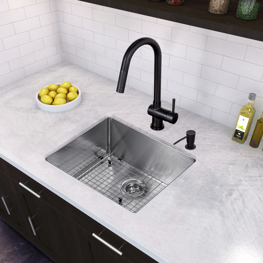 23-inch Undermount Stainless Steel 16 Gauge Stainless Steel Single Kitchen Sink and Matte Black Pull-Down Kitchen Faucet