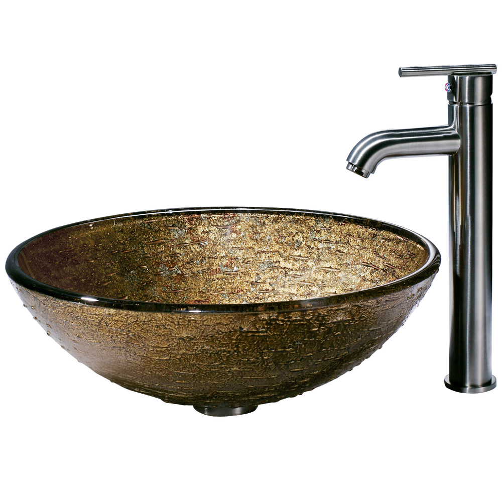 Textured Copper Glass Vessel Sink and Faucet Set in Brushed Nickel