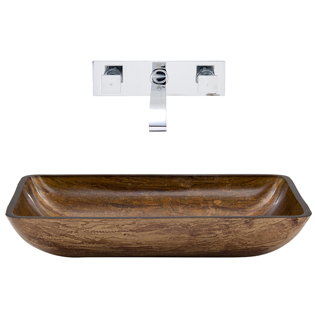Rectangular Amber Sunset Glass Vessel Sink and Wall Mount Faucet Set in Chrome