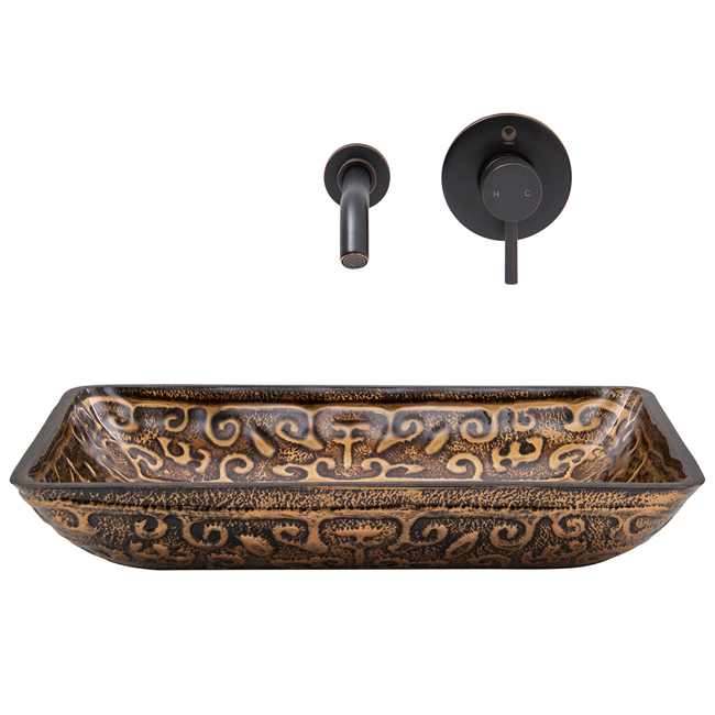 Rectangular Golden Greek Glass Vessel Sink and Wall Mount Faucet in Antique Rubbed Bronze