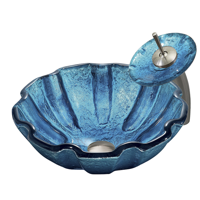Mediterranean Seashell Glass Vessel Sink and Waterfall Faucet Set in Brushed Nickel